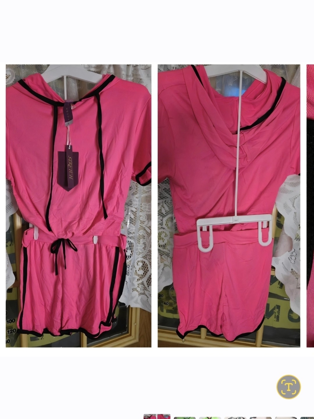 Women's Hot Pink Hooded Short Set with Black Trim -